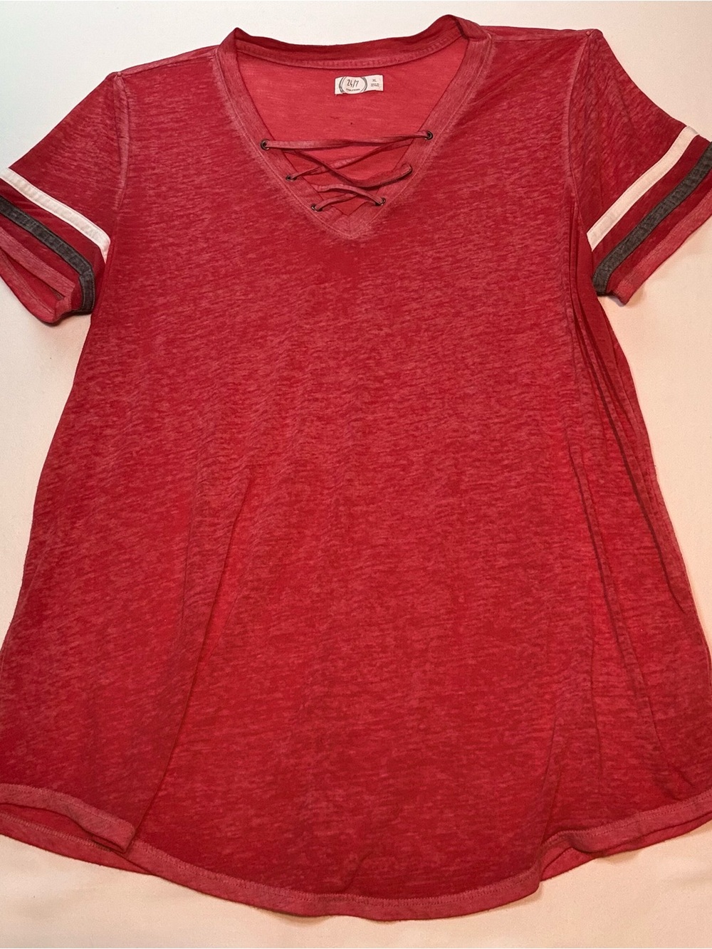 Maurices 24/7,  Heathered Red Lace-Up V-Neck Tee with Striped Sleeves